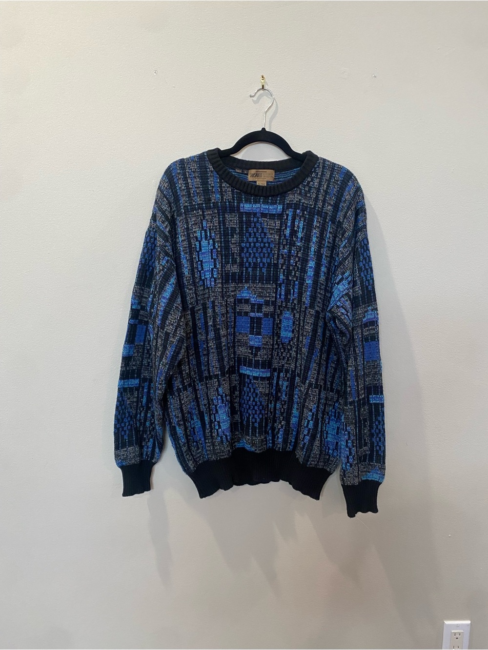 Vintage Sansabelt Blue and Black Geometric Crewneck Wool Sweater